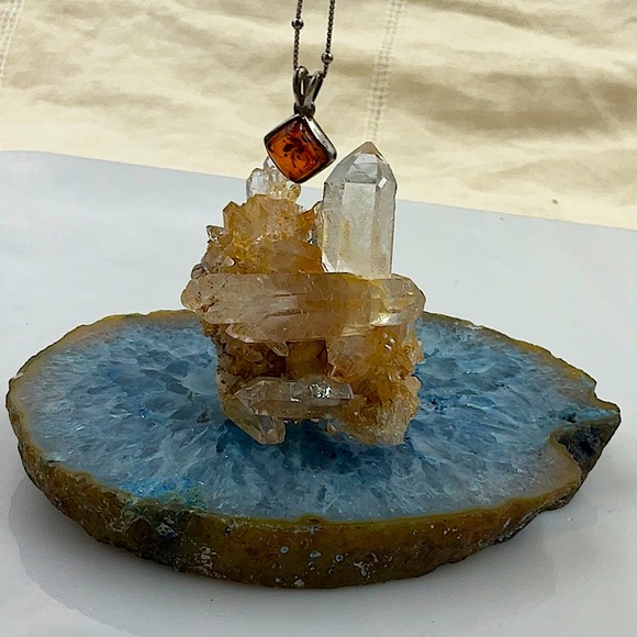 Vtg.18”Italian Sterling Silver Necklace W/Diamond Shaped Amber Gemstone Pendant - Picture 3 of 9